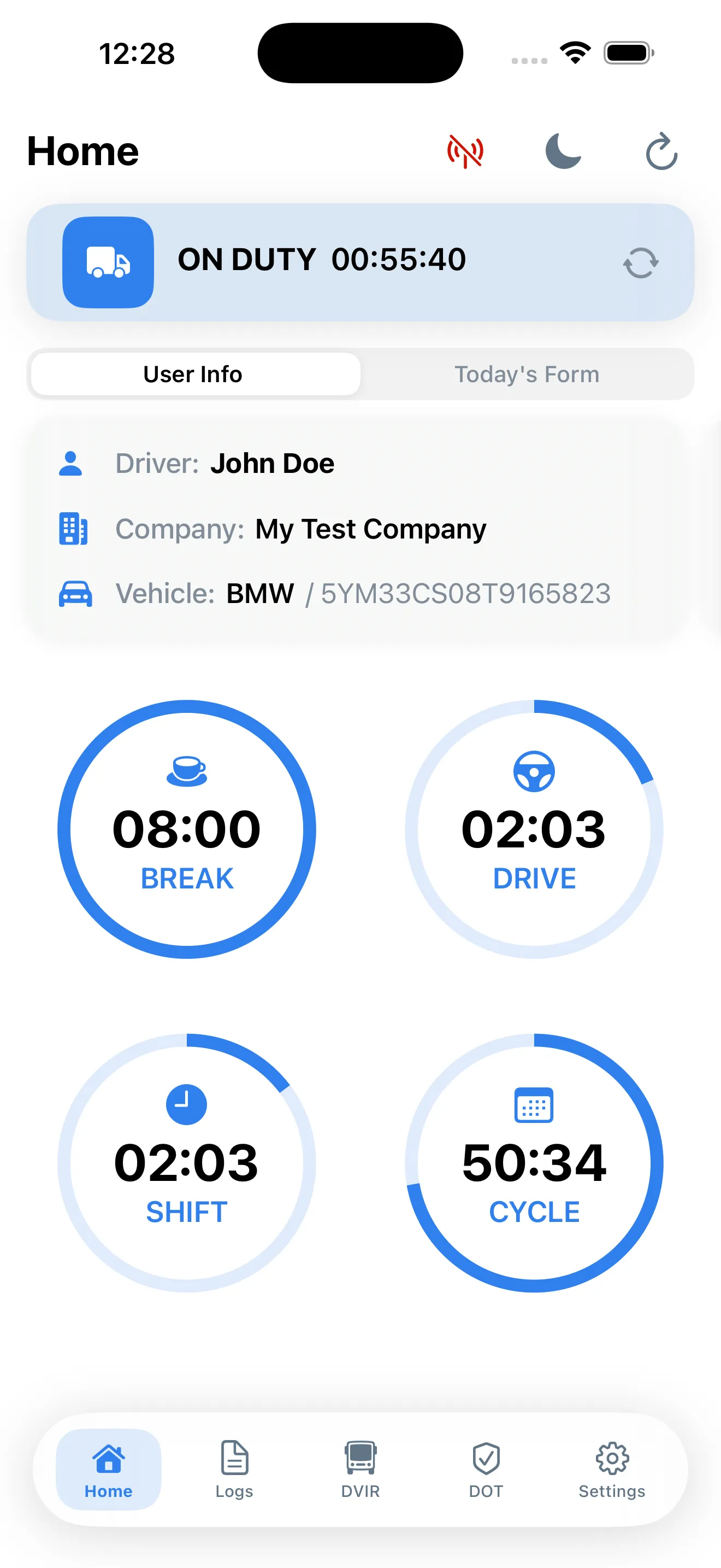 ZERION ELD driver app — HOS clocks on iPhone