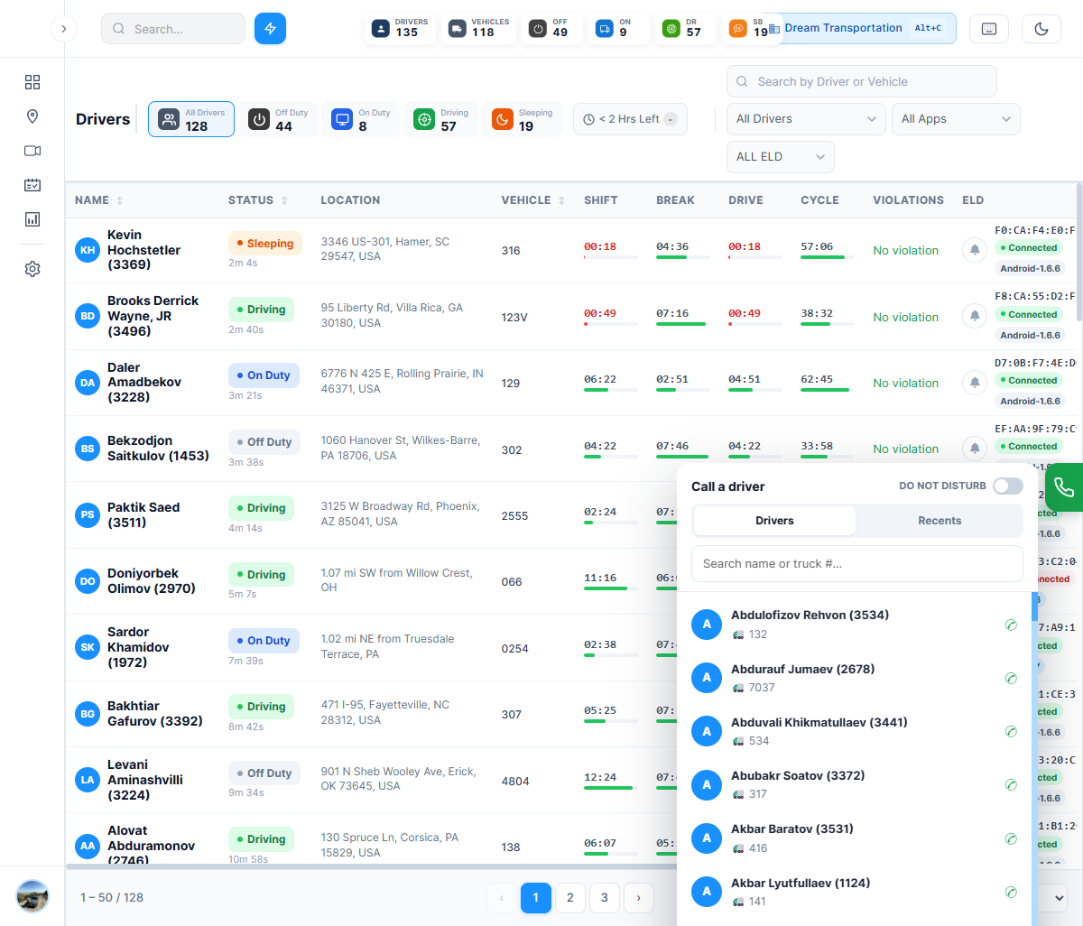 ZERION ELD — calling a driver's ELD app straight from the web portal