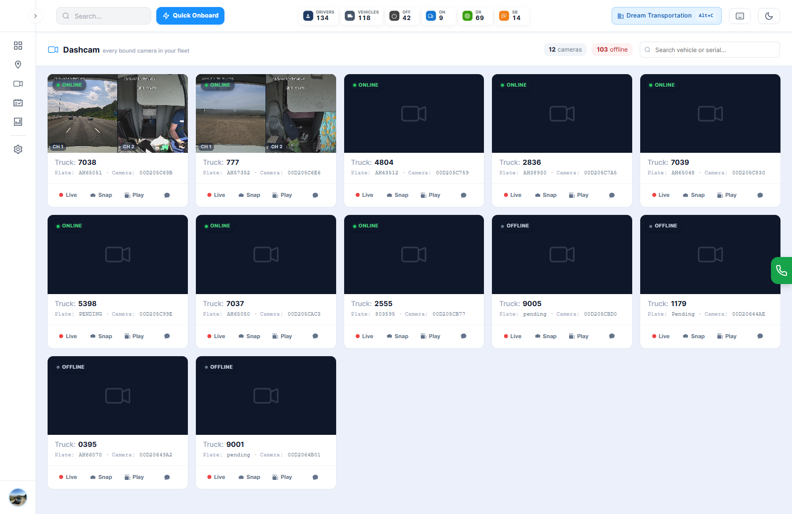 ZERION ELD — live dashcam grid for the whole fleet